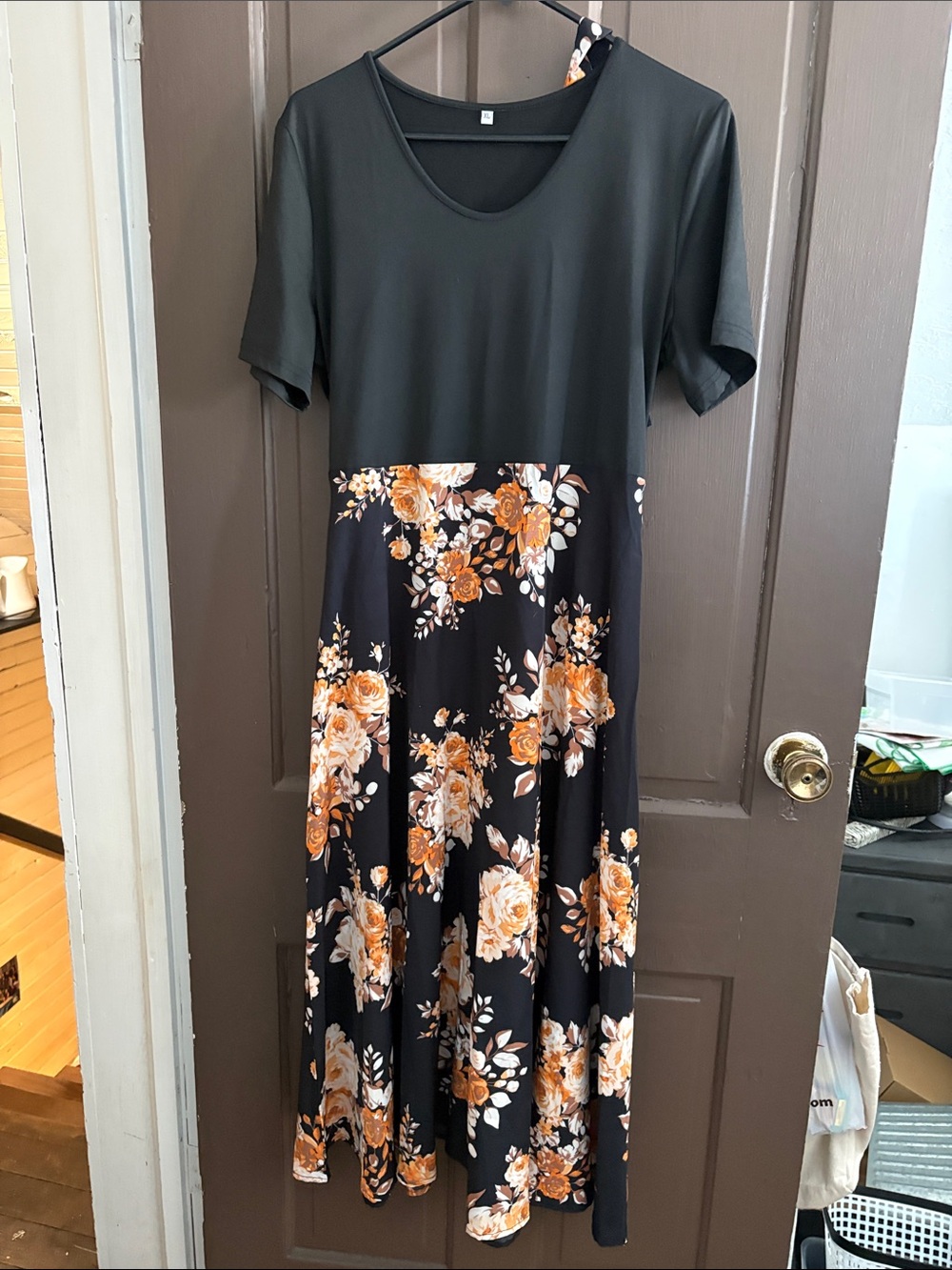 Black Top Floral Midi Dress with Orange Rose Print